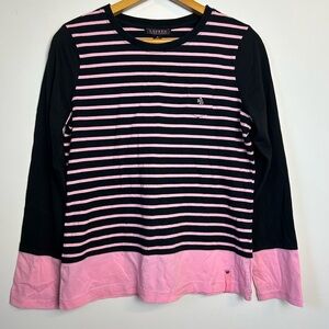 Lauren Ralph Lauren Black Label Sz M Black-Pink Striped Long Sleeve Blouse top